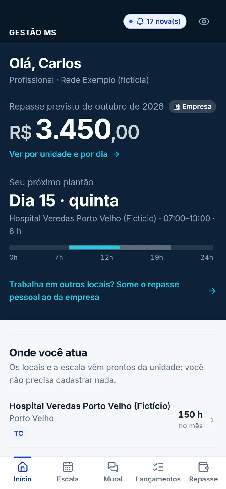 Tela inicial do Gestão MS no celular, com o próximo plantão e o repasse previsto