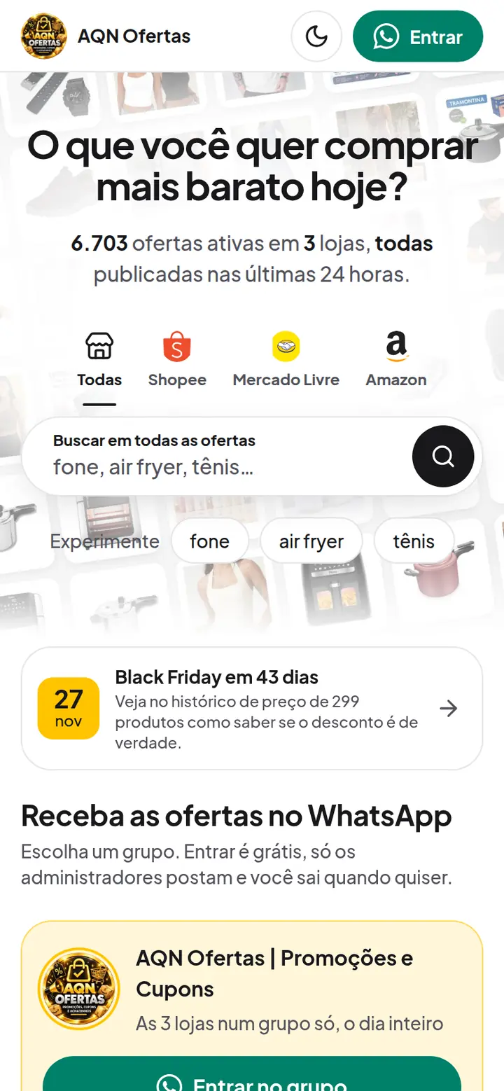 Página inicial do AQN Ofertas no celular, com a busca de ofertas e o aviso da Black Friday