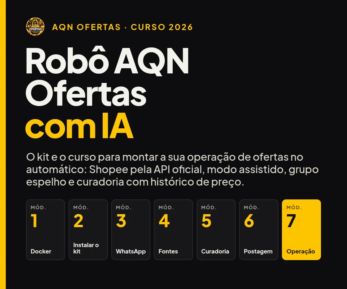 Capa do curso: Robô AQN Ofertas com IA, com os sete módulos